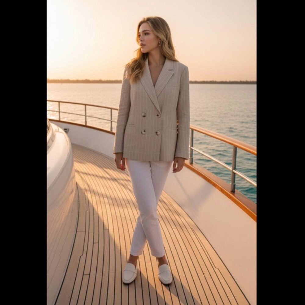 LC Lauren Conrad Beige Pinstripe Double-Breasted Blazer – Size M 🤍✨